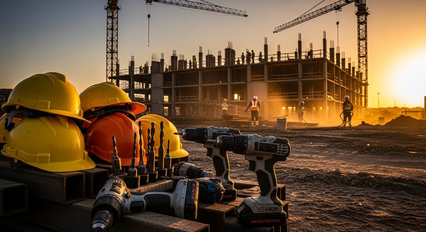 Obra en construcción al atardecer con cascos y taladros